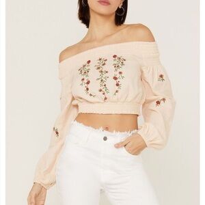 Shyanne Cream Floral Embroidered Off the Shoulder Cropped Blouse